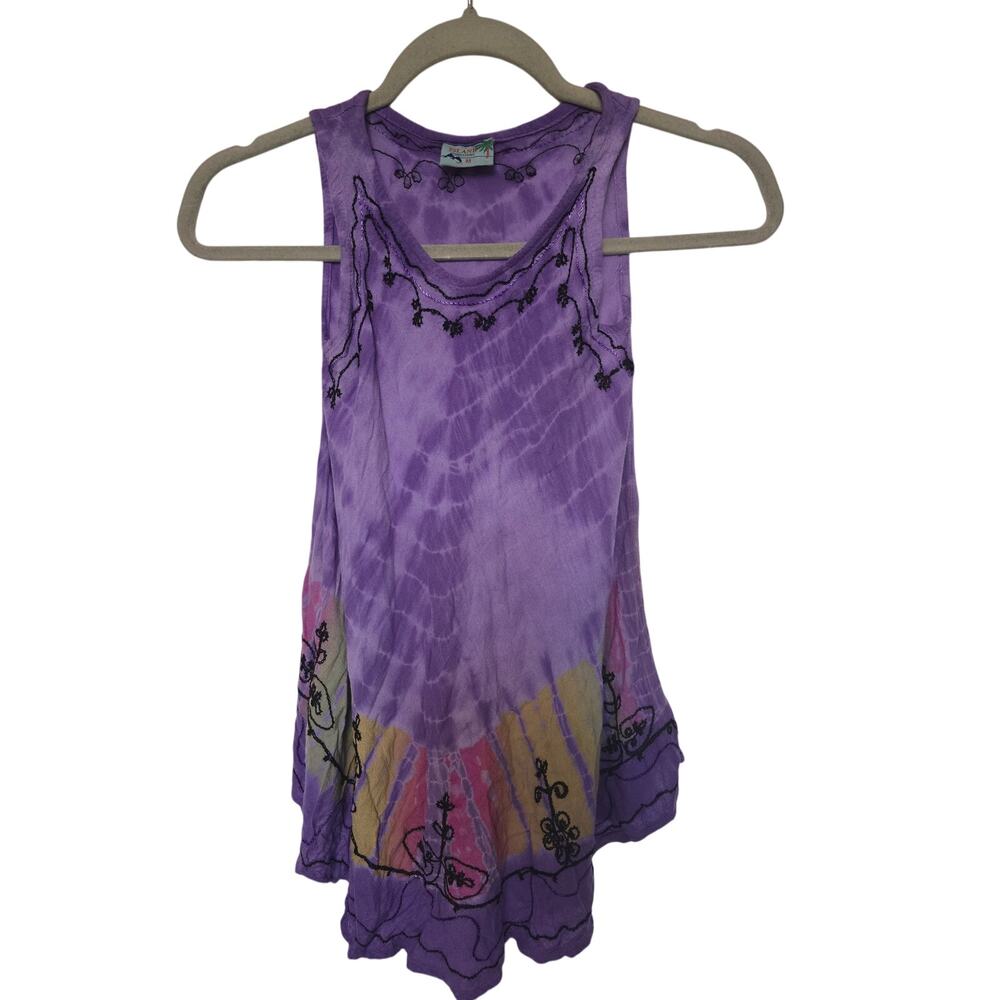 Island Expressions Womens M Purple Tie Dye Embroidered Boho Rayon Sundress